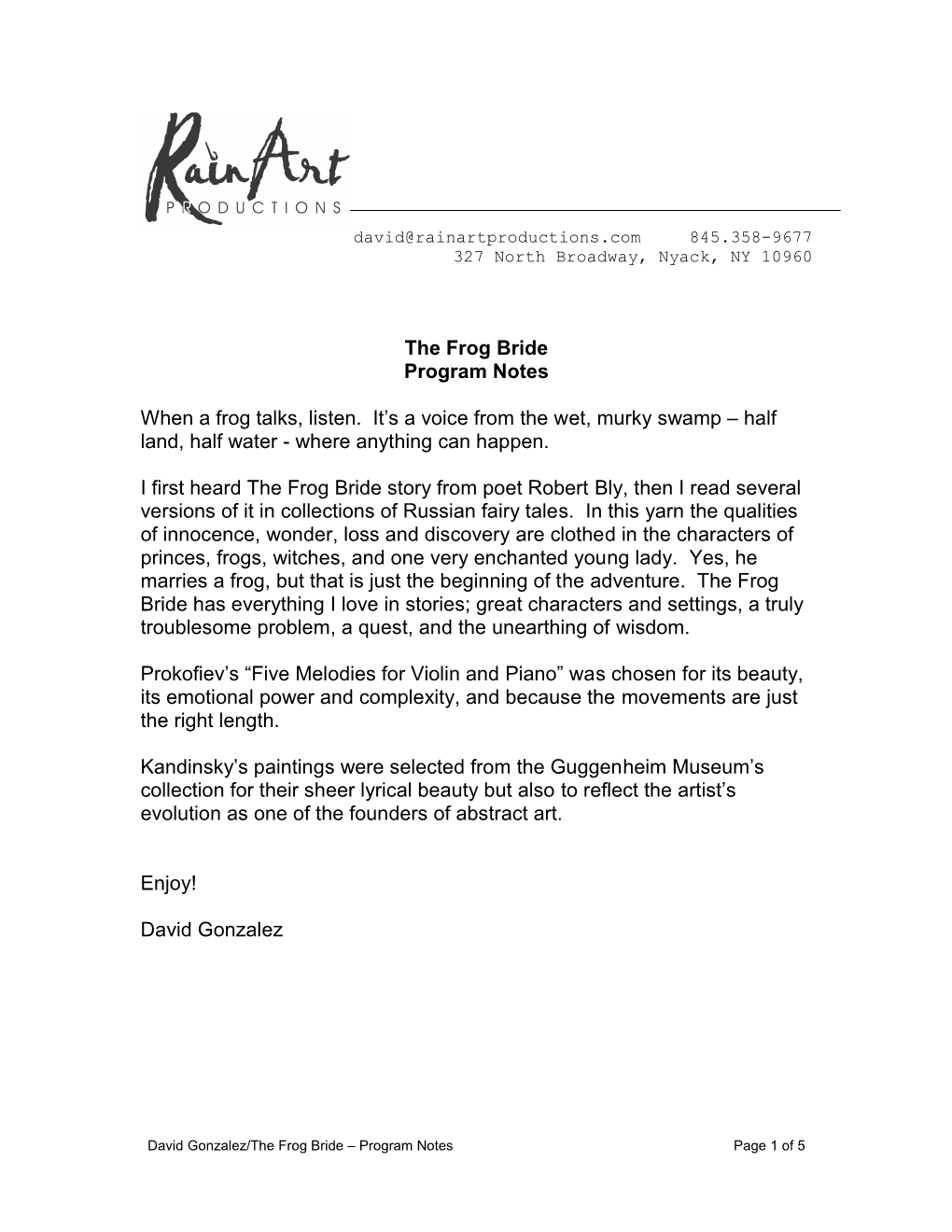 The Frog Bride – Program Notes Page 1 of 5