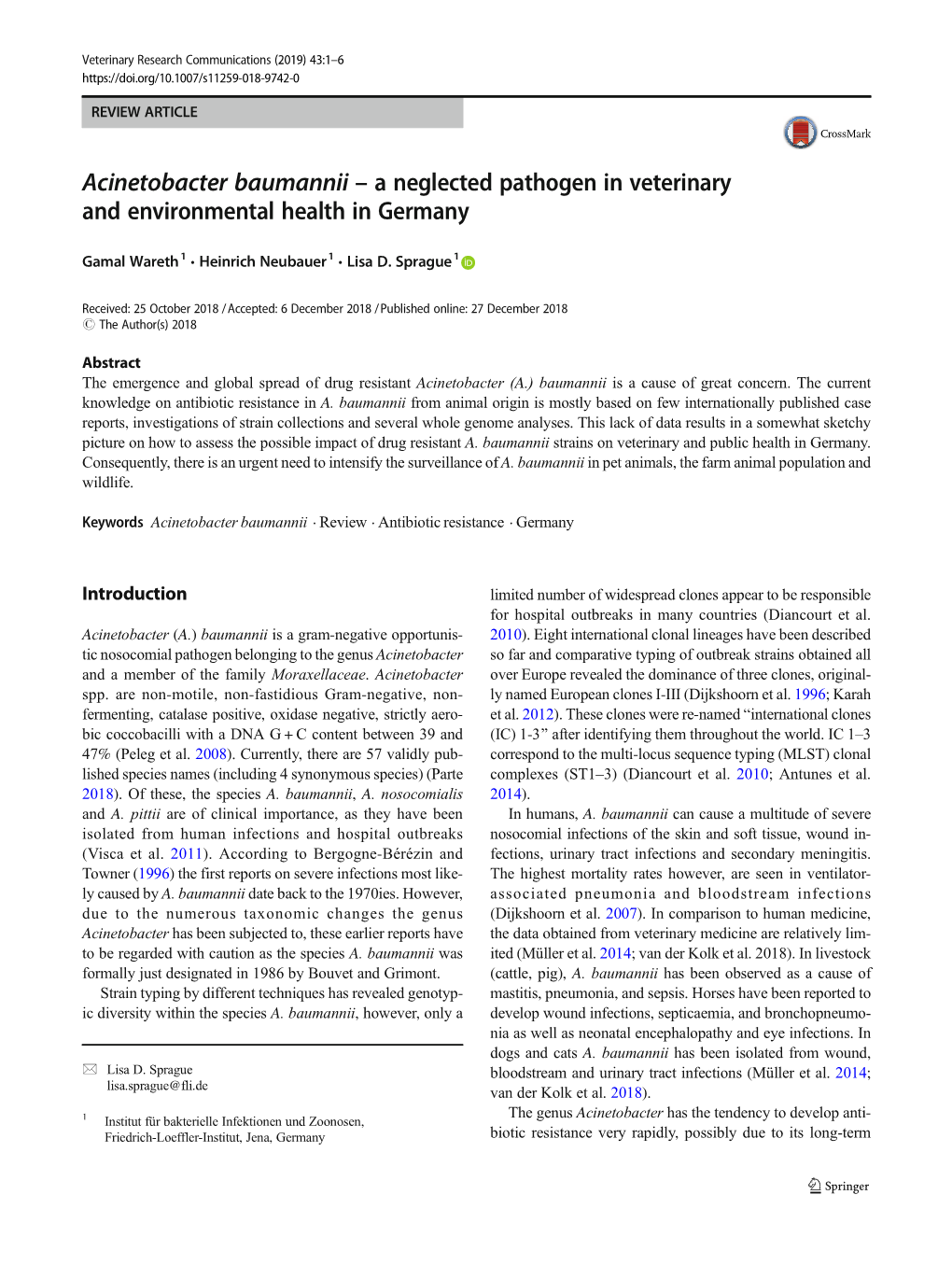 Acinetobacter Baumannii – a Neglected Pathogen in Veterinary and Environmental Health in Germany