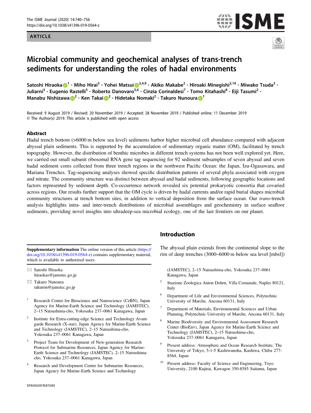 Microbial Community and Geochemical Analyses of Trans-Trench Sediments for Understanding the Roles of Hadal Environments