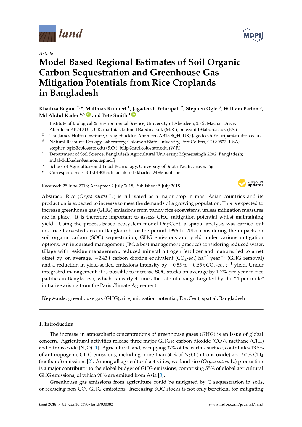 Model Based Regional Estimates of Soil Organic Carbon Sequestration and Greenhouse Gas Mitigation Potentials from Rice Croplands in Bangladesh