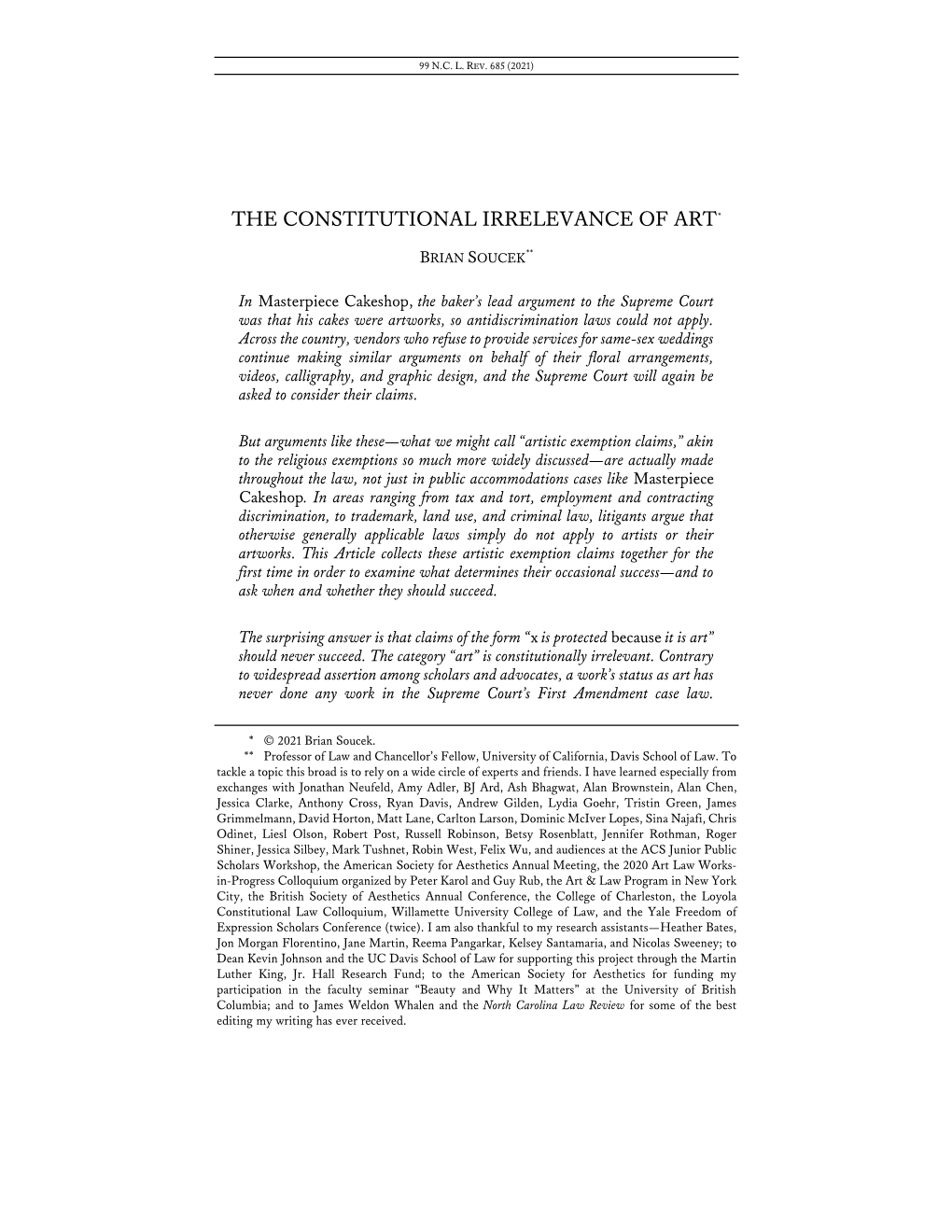 THE CONSTITUTIONAL IRRELEVANCE of ART, Brian Soucek