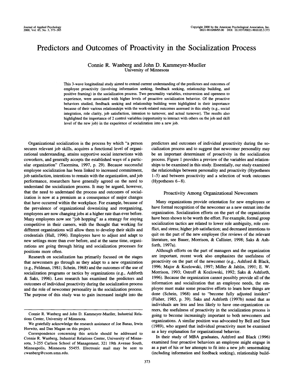 Predictors and Outcomes of Proactivity in the Socialization Process