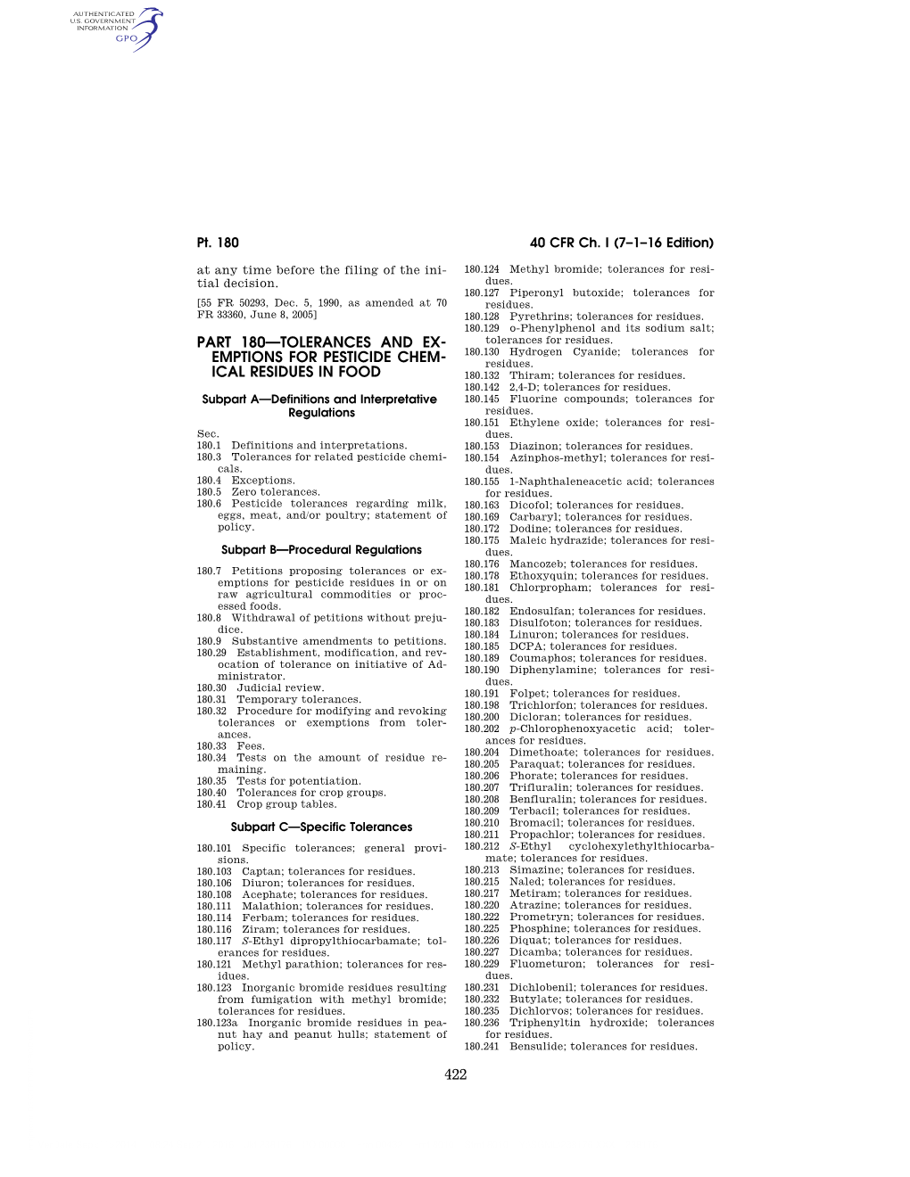 422 Part 180—Tolerances and Ex- Emptions for Pesticide