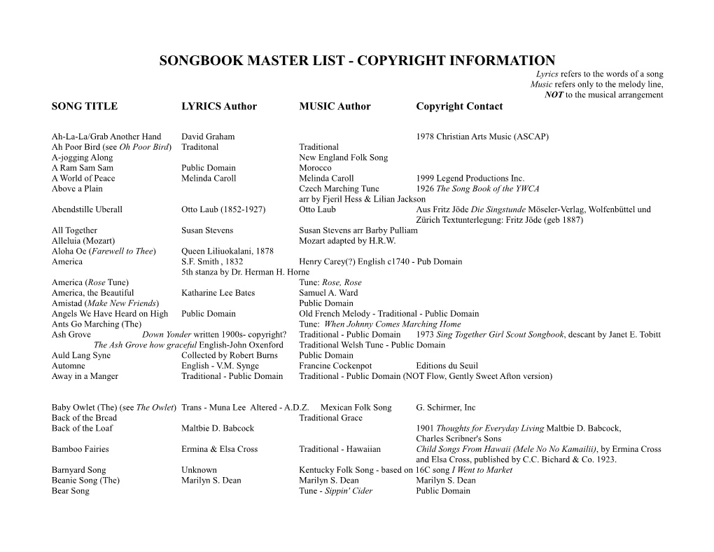 Songbook Master List