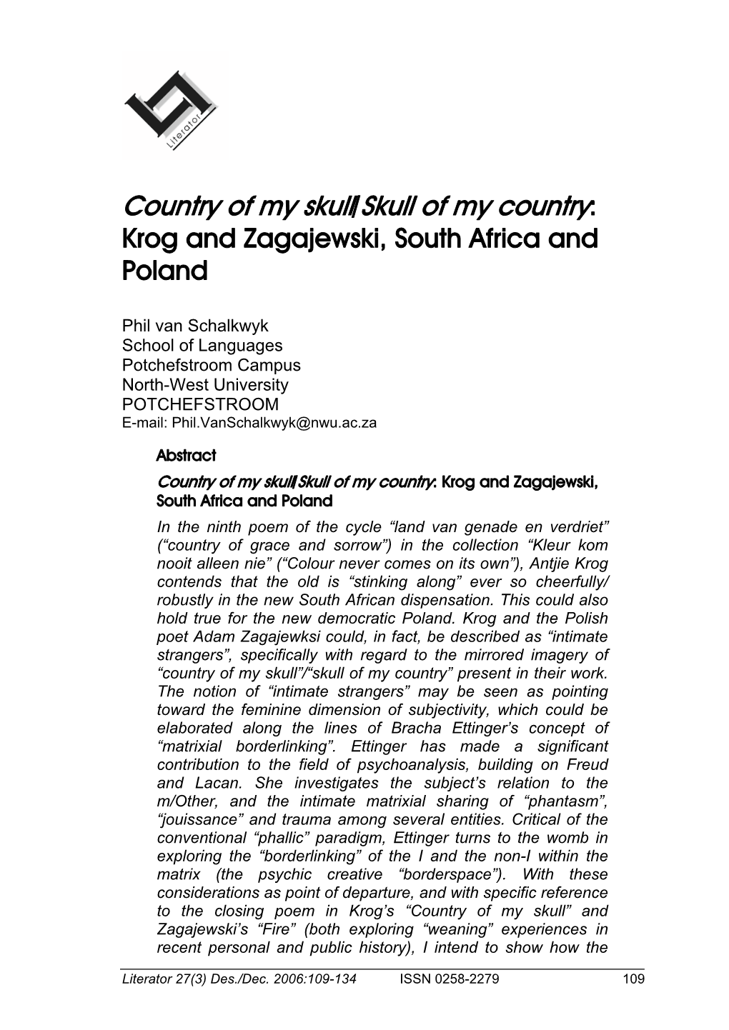 Country of My Skull/Skull of My Country: Krog and Zagajewski, South Africa and Poland