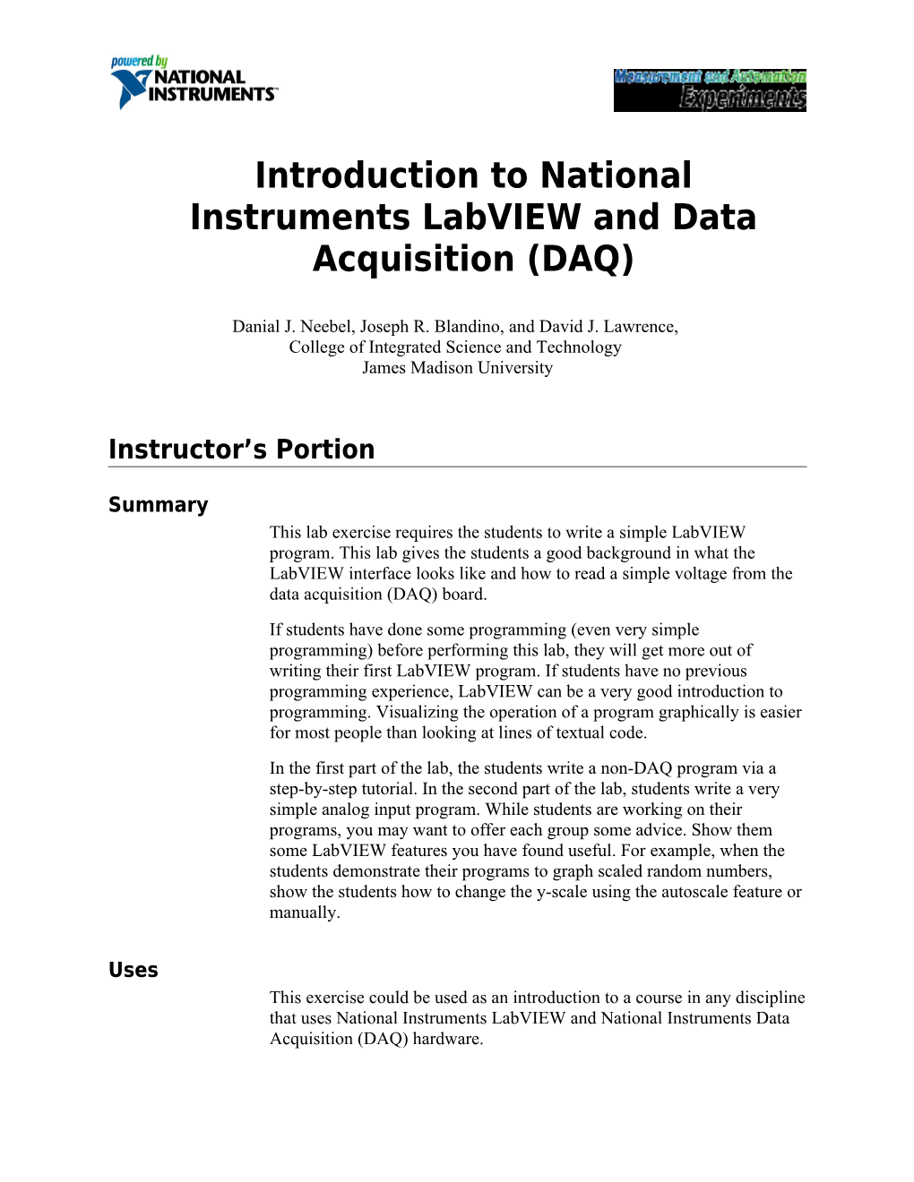 Introduction to National Instruments Labview and Data Acquisition (DAQ)