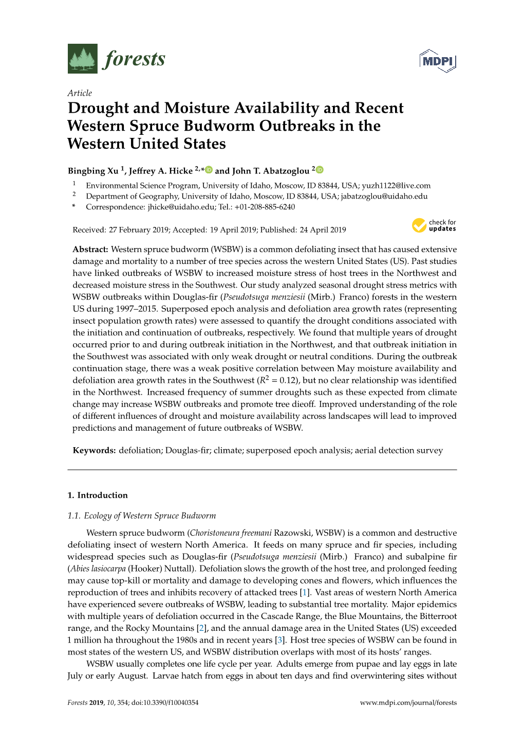 Drought and Moisture Availability and Recent Western Spruce Budworm Outbreaks in the Western United States