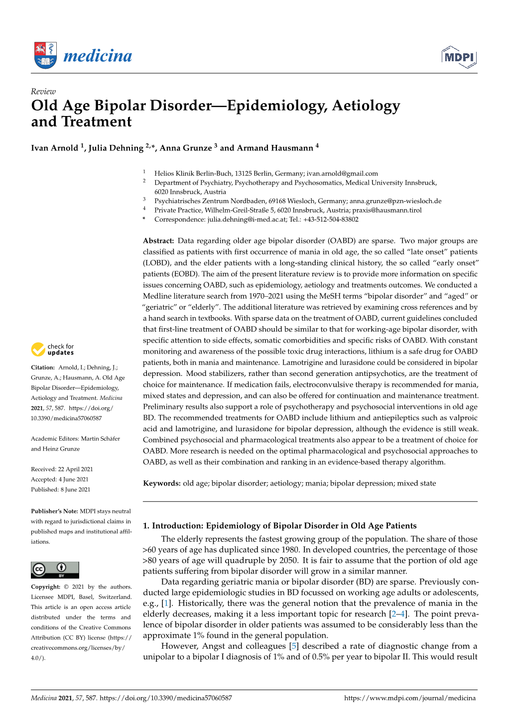 Old Age Bipolar Disorder—Epidemiology, Aetiology and Treatment