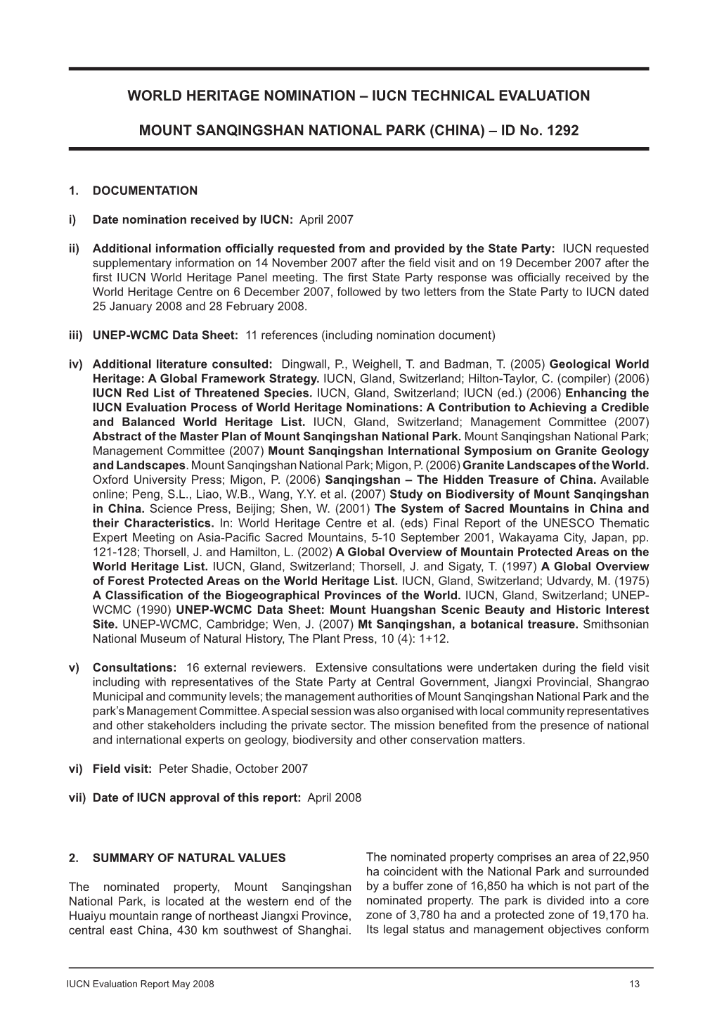 IUCN TECHNICAL EVALUATION MOUNT SANQINGSHAN NATIONAL PARK (CHINA) – ID No. 1292