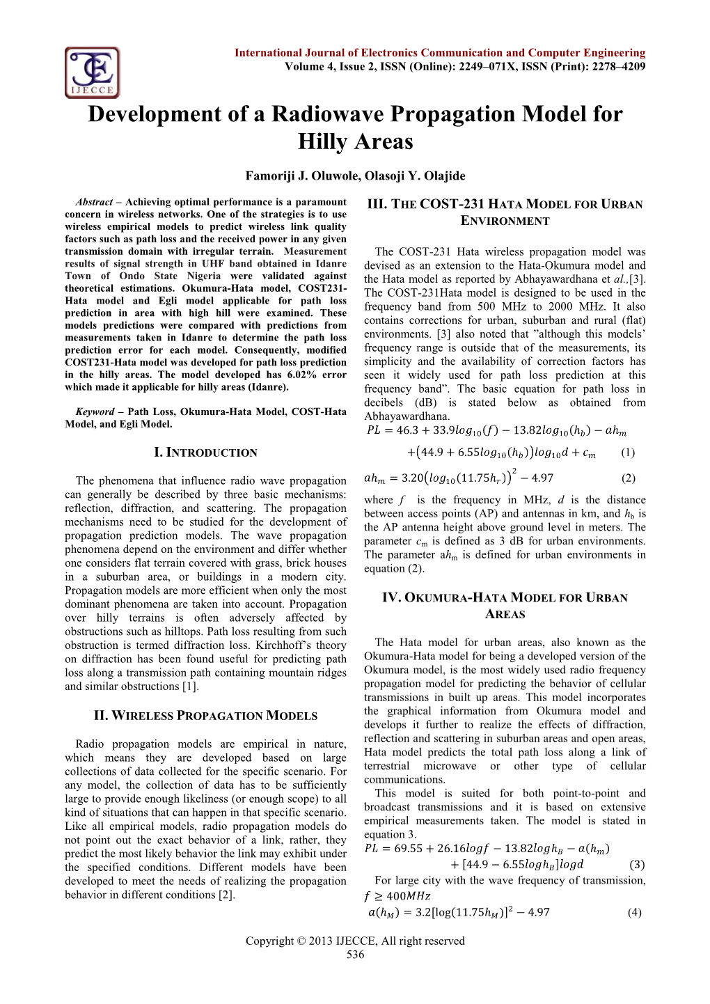 Development of a Radiowave Propagation Model for Hilly Areas