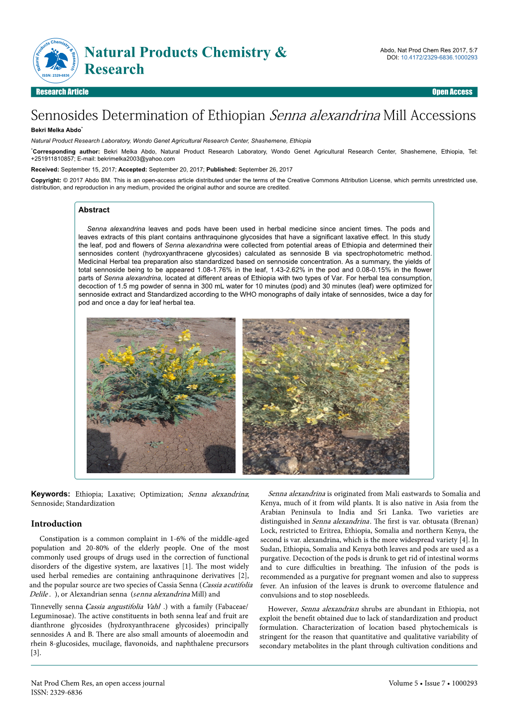 Sennosides Determination of Ethiopian Senna Alexandrina Mill