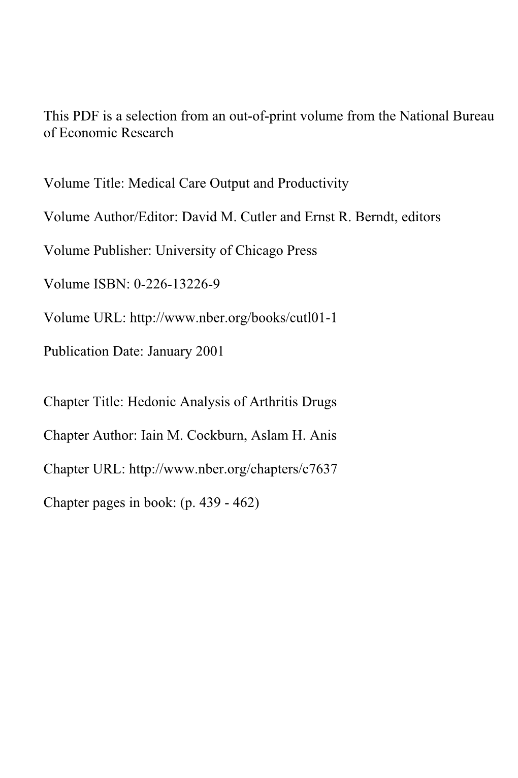 Hedonic Analysis of Arthritis Drugs