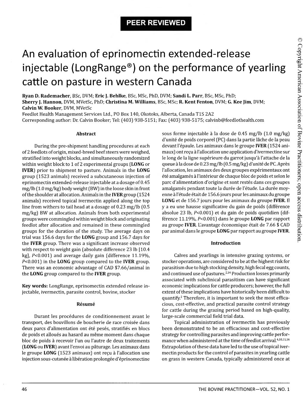 An Evaluation of Eprinomectin Extended-Release Injectable (Longrange®) on the Performance of Yearling Cattle on Pasture in Western Canada