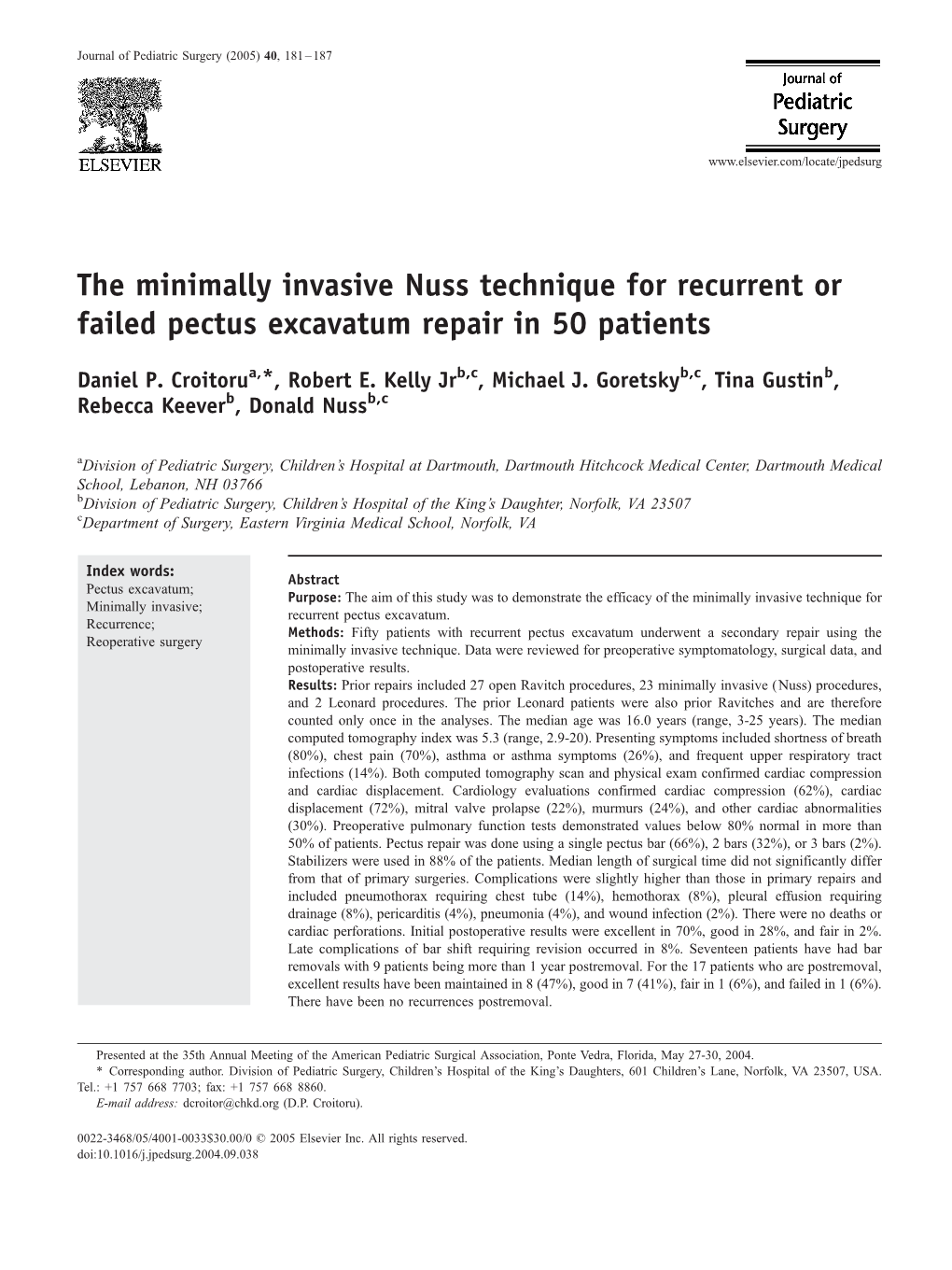 The Minimally Invasive Nuss Technique for Recurrent Or Failed Pectus Excavatum Repair in 50 Patients