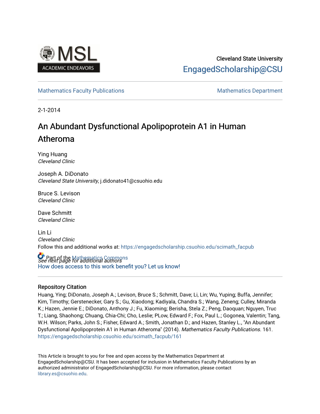 An Abundant Dysfunctional Apolipoprotein A1 in Human Atheroma