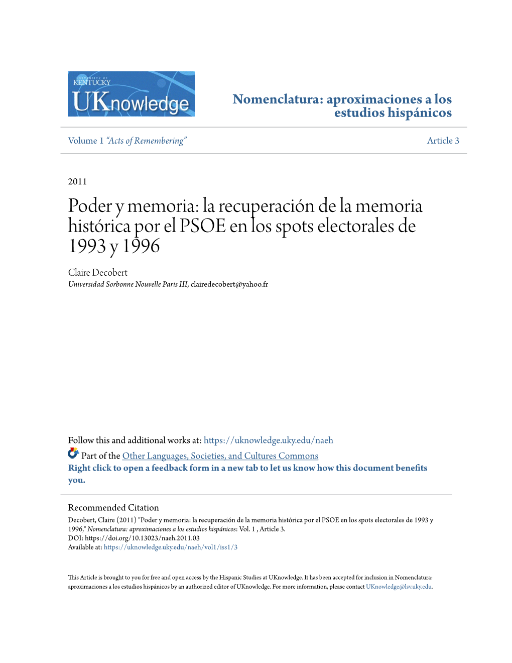 La Recuperaciã³n De La Memoria Histã³rica Por El PSOE En Los Spots Electorales De 1993 Y 1996