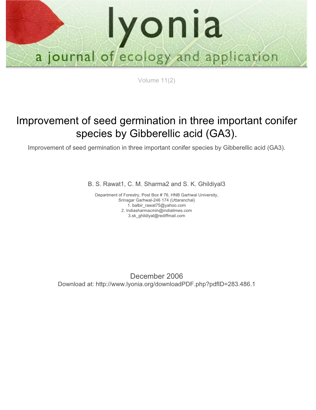 Improvement of Seed Germination in Three Important Conifer Species by Gibberellic Acid (GA3)