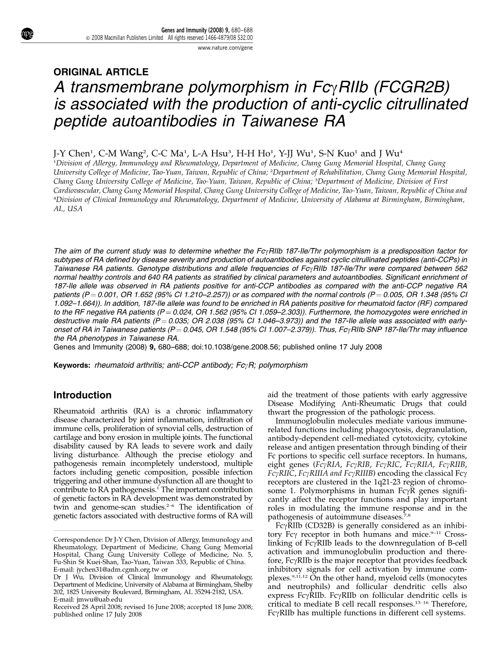 FCGR2B) Is Associated with the Production of Anti-Cyclic Citrullinated Peptide Autoantibodies in Taiwanese RA