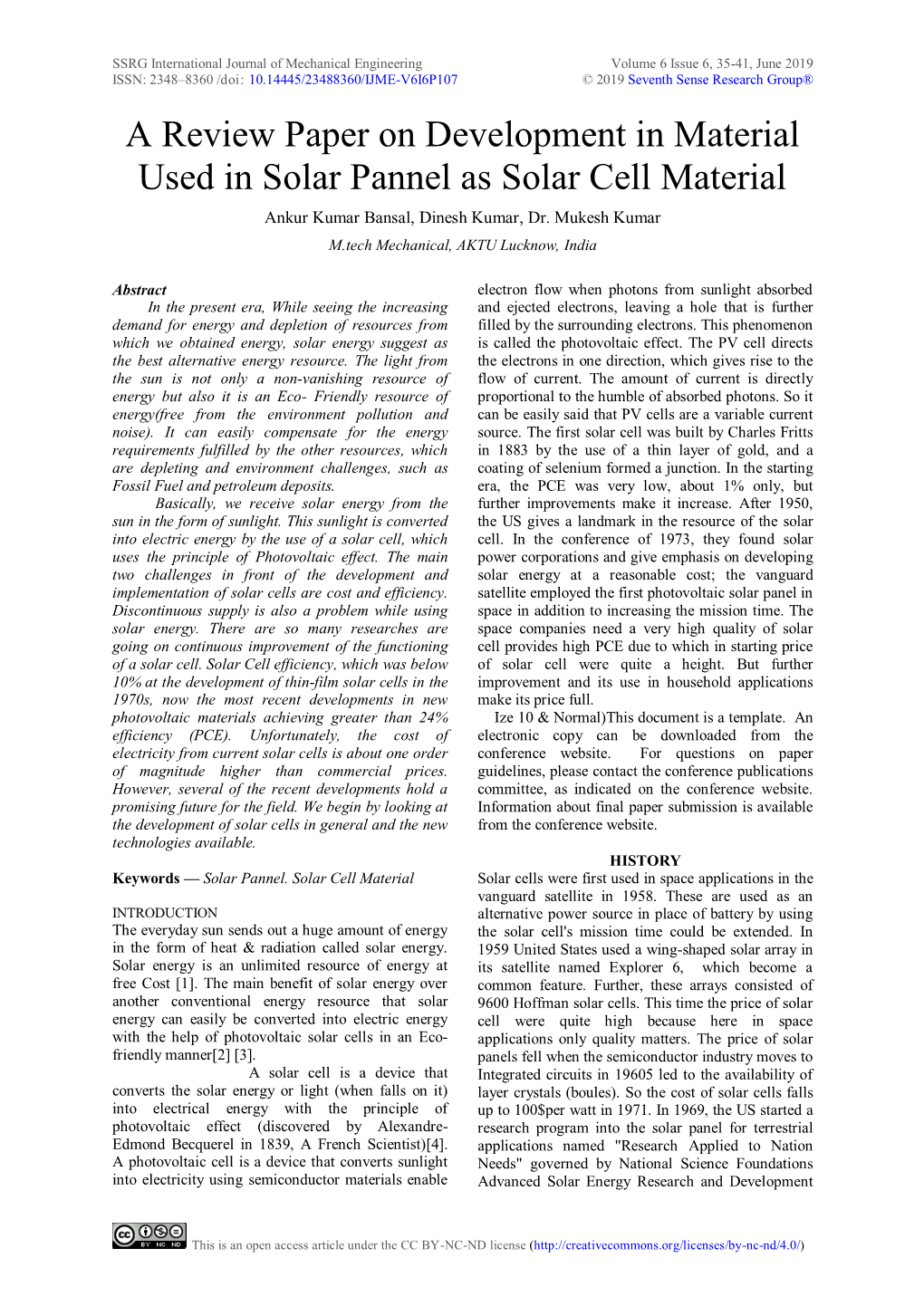 A Review Paper Ondevelopment in Material Used in Solar Pannel As