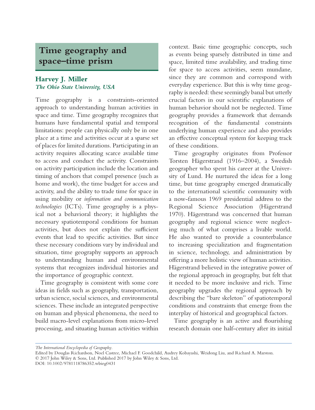 TIME GEOGRAPHY and SPACE–TIME PRISM Conceptualization in the 1960S