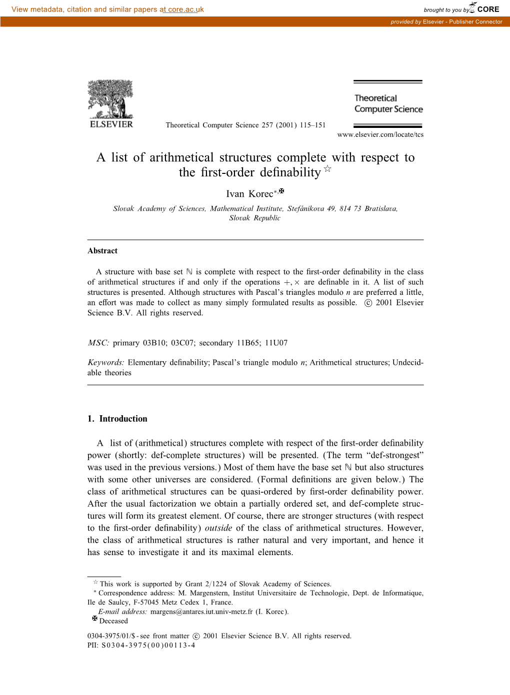 A List of Arithmetical Structures Complete with Respect to the First