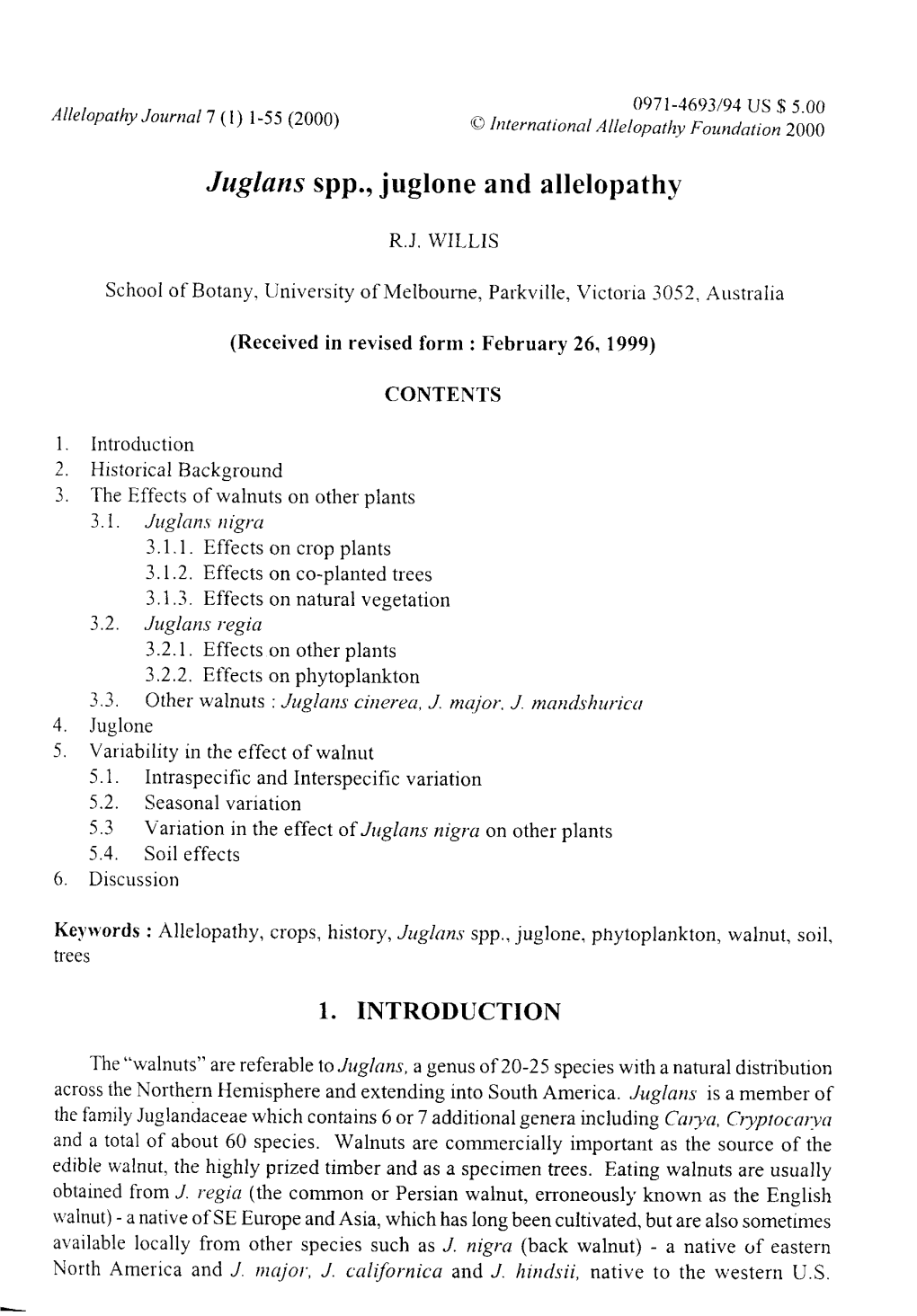 Juglans Spp., Juglone and Allelopathy