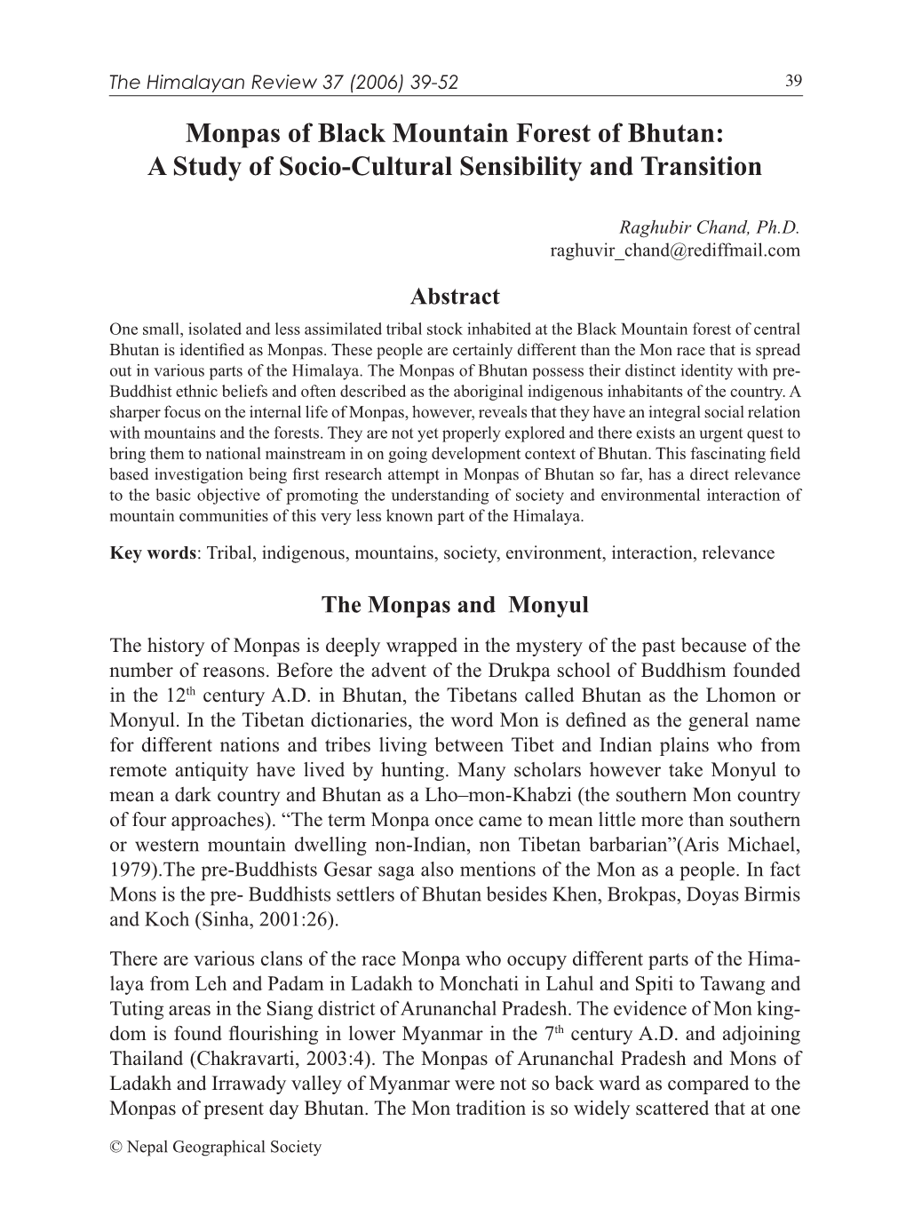 Monpas of Black Mountain Forest of Bhutan: a Study of Socio-Cultural Sensibility and Transition