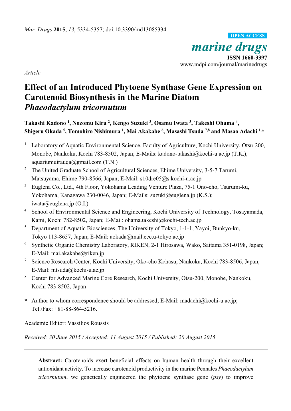 Effect of an Introduced Phytoene Synthase Gene Expression on Carotenoid Biosynthesis in the Marine Diatom Phaeodactylum Tricornutum