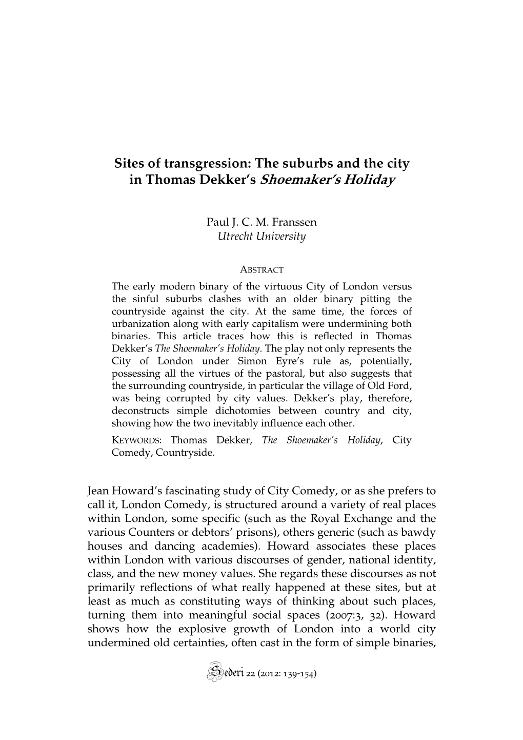 The Suburbs and the City in Thomas Dekker's Shoemaker's Holiday