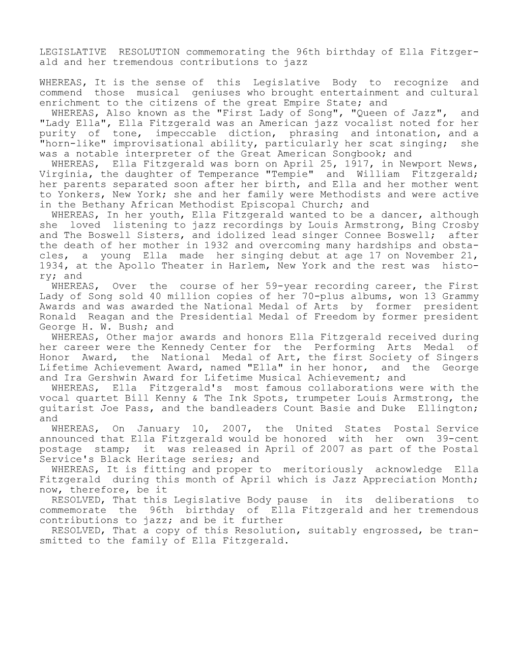 LEGISLATIVE RESOLUTION Commemorating the 96Th Birthday of Ella Fitzger- Ald and Her Tremendous Contributions to Jazz