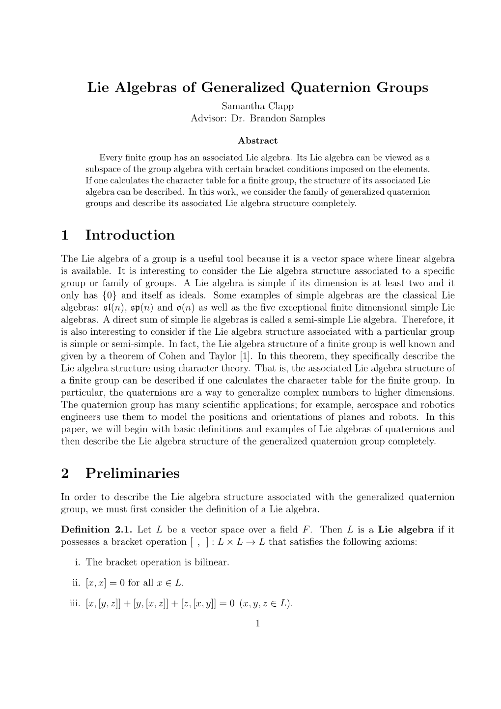 Lie Algebras of Generalized Quaternion Groups 1 Introduction 2