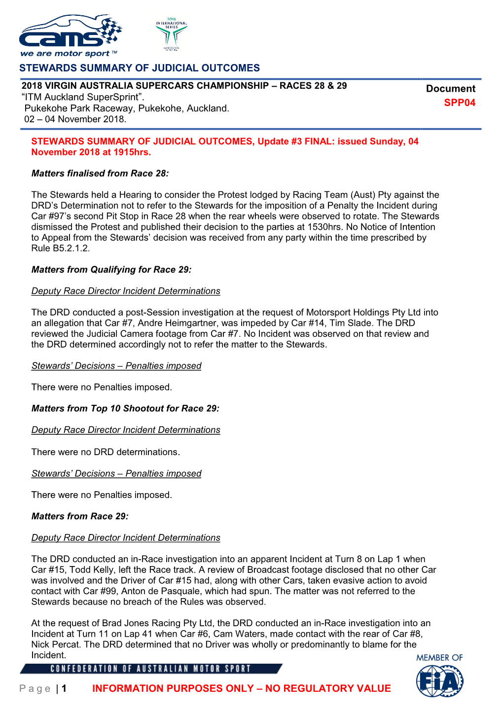 STEWARDS SUMMARY of JUDICIAL OUTCOMES Page