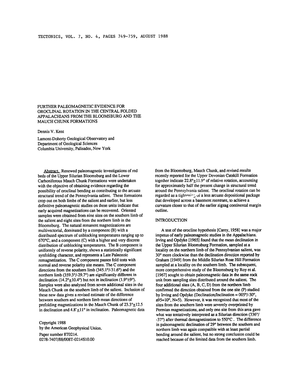 Further Paleomagnetic Evidence for Oroclinal Rotation in the Central Folded Appalachians from the Bloomsburg and the Mauch Chunk Formations