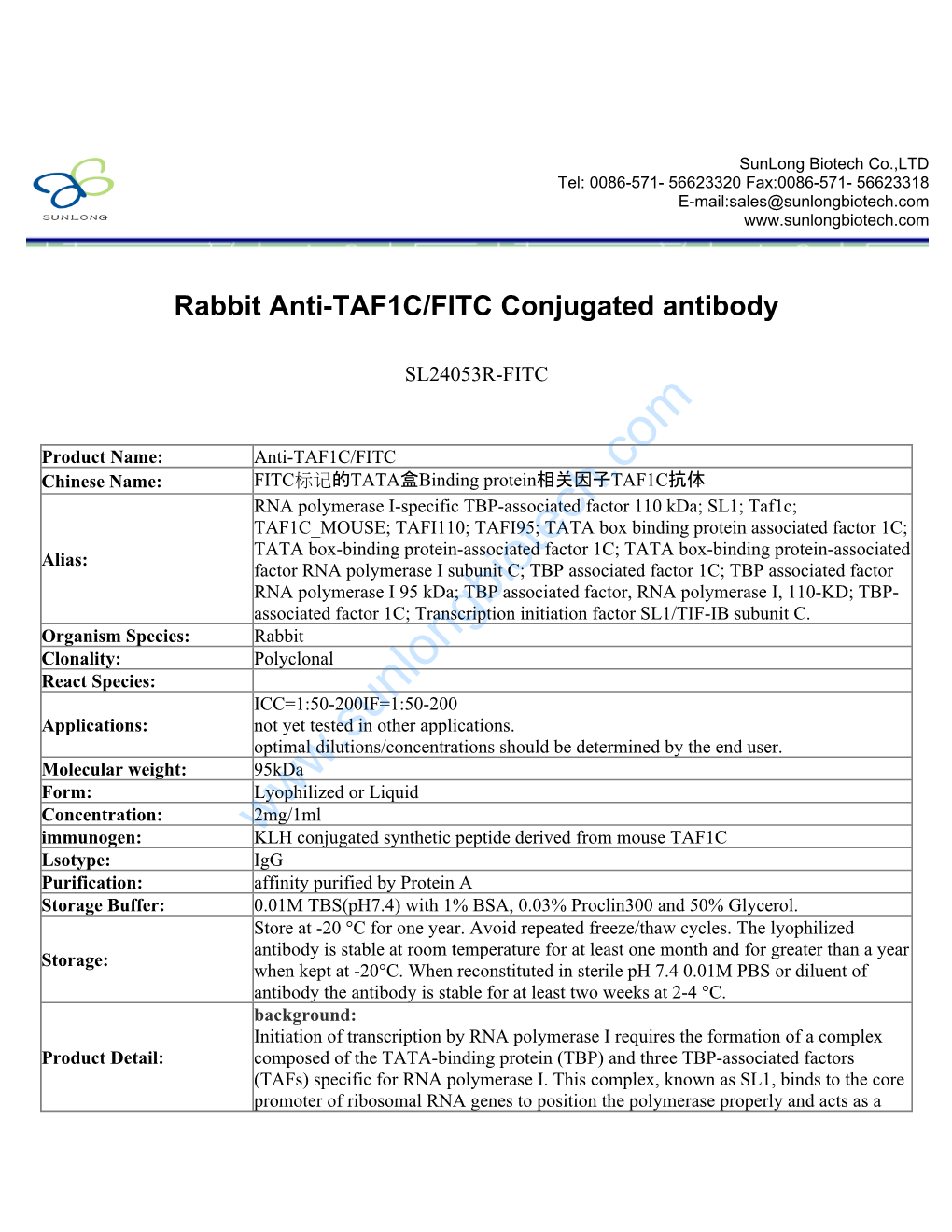 Rabbit Anti-TAF1C/FITC Conjugated Antibody