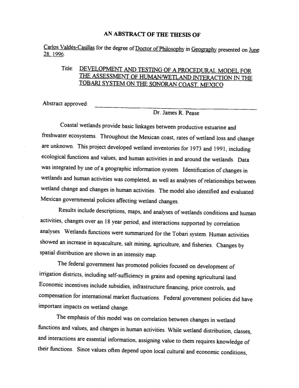 Development and Testing of a Procedural Model for the Assessment of Human/Wetland Interaction in the Tobari System on the Sonoran Coast, Mexico