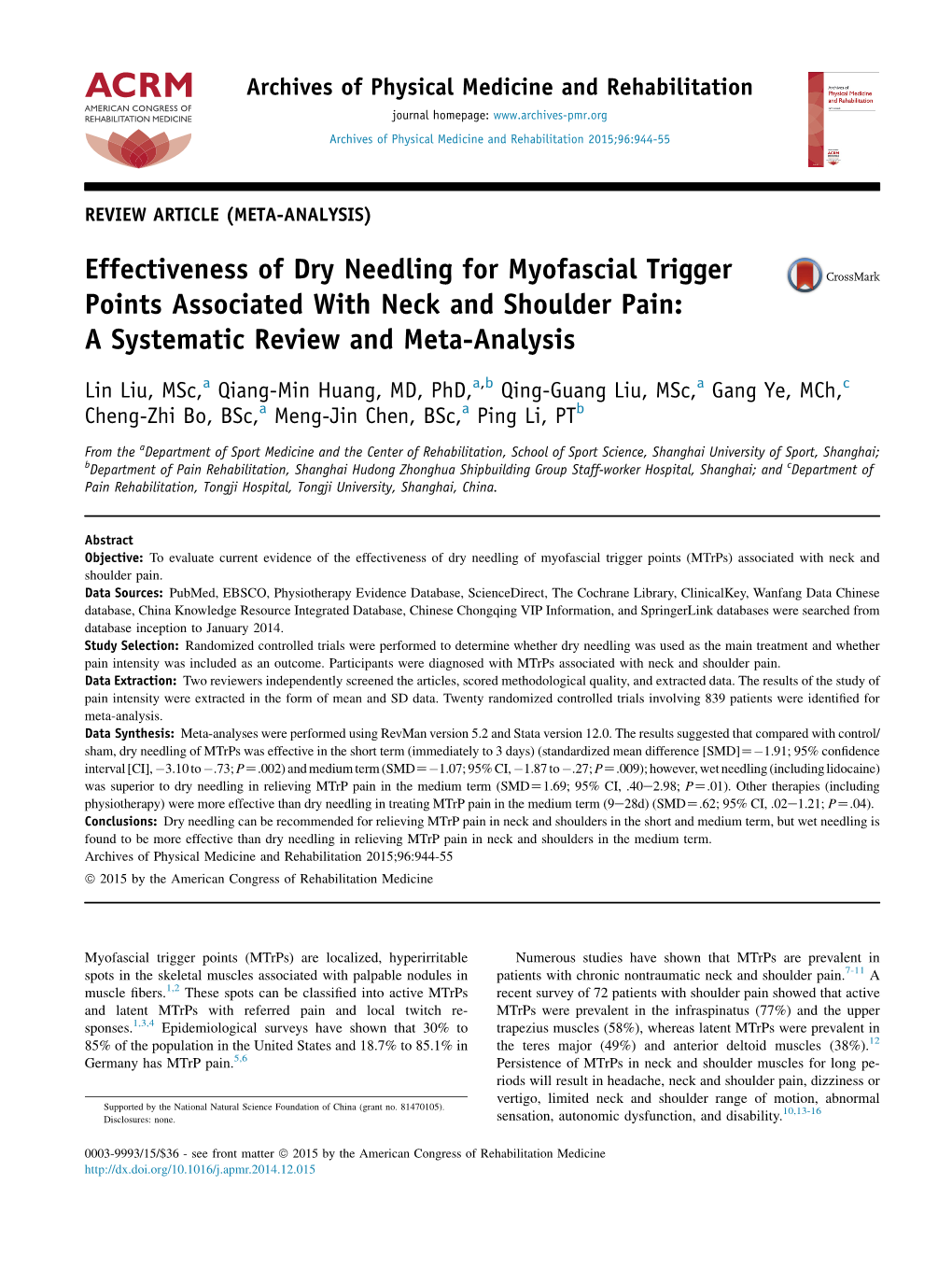 Effectiveness of Dry Needling for Myofascial Trigger Points Associated with Neck and Shoulder Pain: a Systematic Review and Meta-Analysis