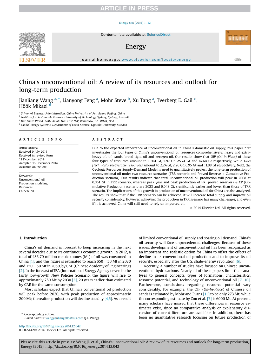 China's Unconventional Oil: a Review of Its Resources and Outlook for Long-Term Production