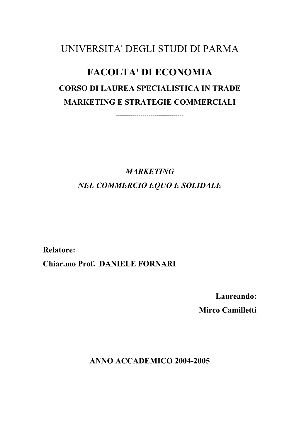 Universita' Degli Studi Di Parma Facolta' Di Economia