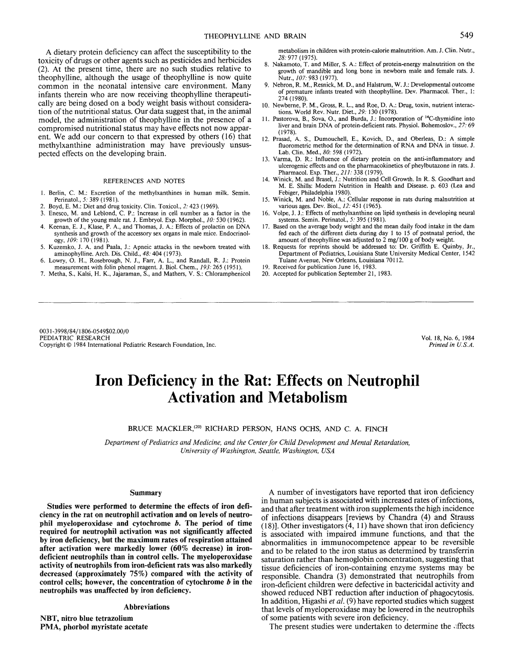 Iron Deficiency in the Rat: Effects on Neutrophil Activation and Metabolism