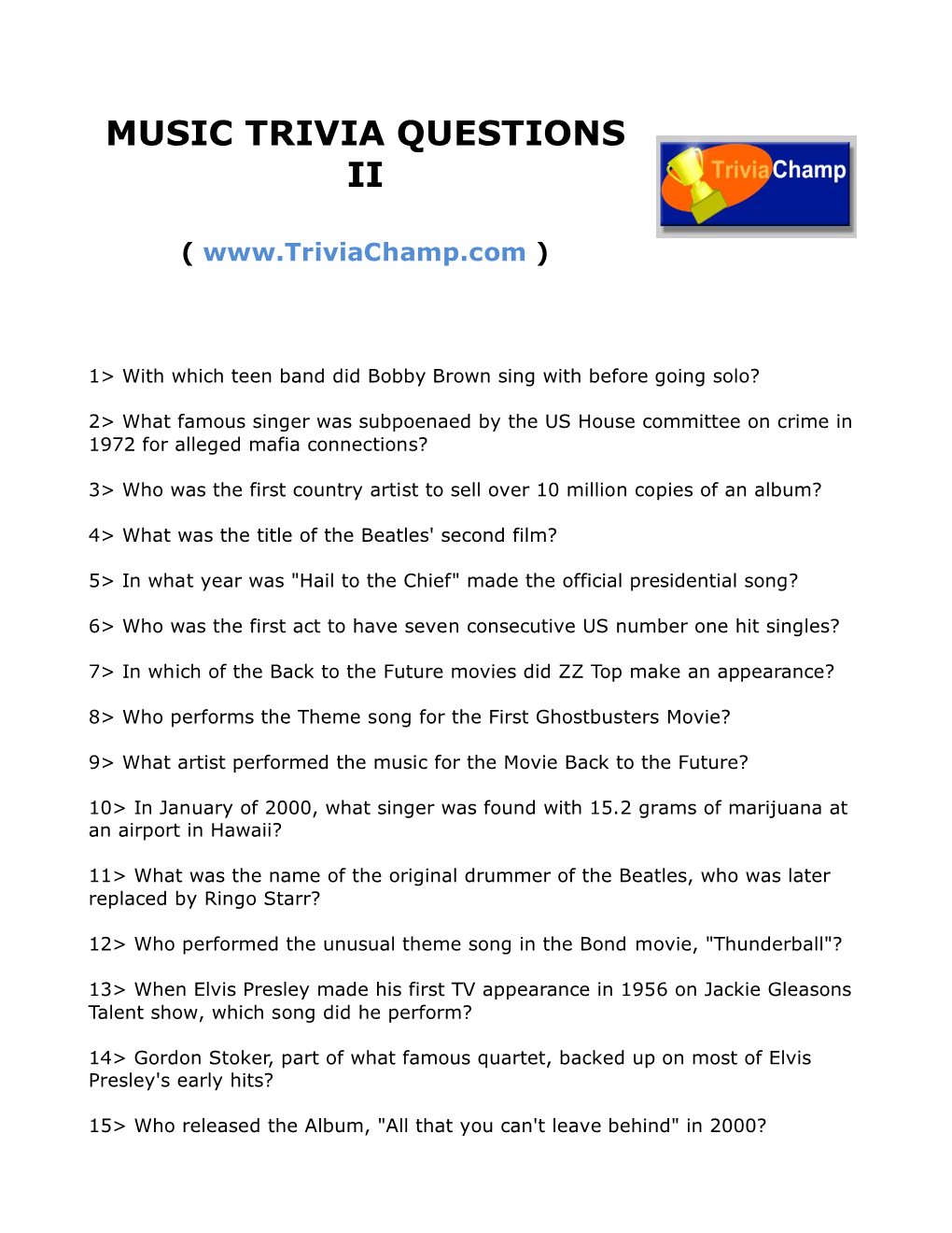 Music Trivia Questions Ii