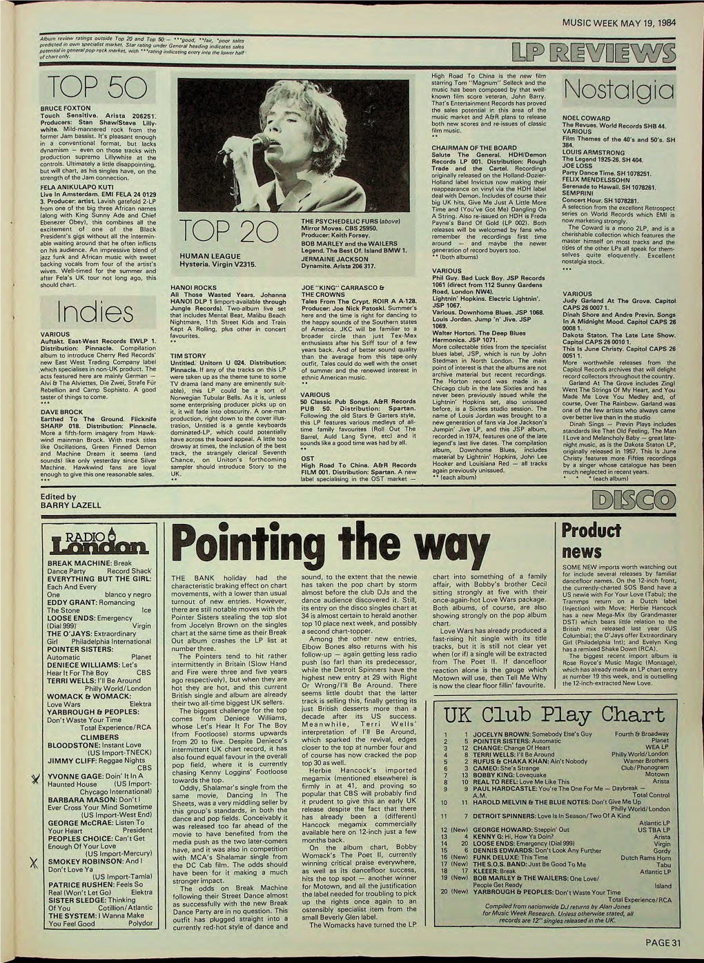 MUSIC WEEK MAY 19, 1984 Album Tern Rulings Outside Top 20 End Top 50:- •• Good, ••Loir -Poor Soles Predicted in Oivn Specialist Market