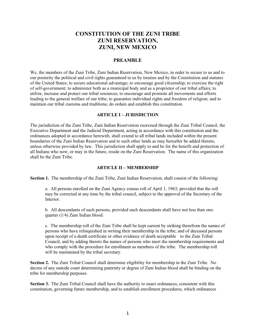 Constitution of the Zuni Tribe, Zuni Reservation, Zuni, New Mexico