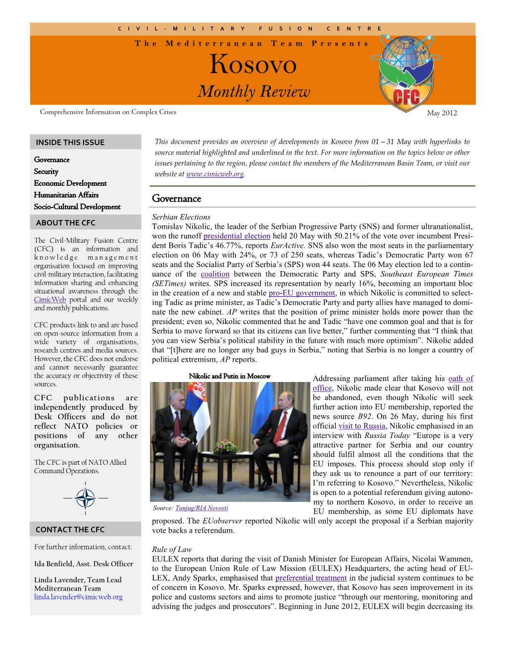 Kosovo Monthly Review Comprehensive Information on Complex Crises May 2012