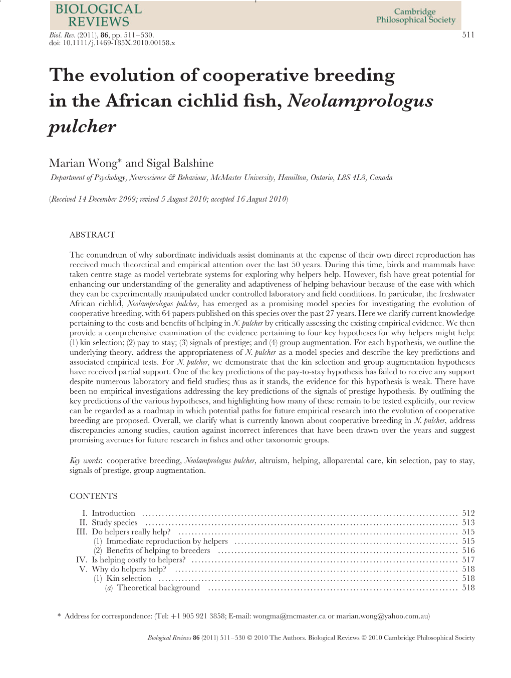 The Evolution of Cooperative Breeding in the African Cichlid Fish, Neolamprologus Pulcher