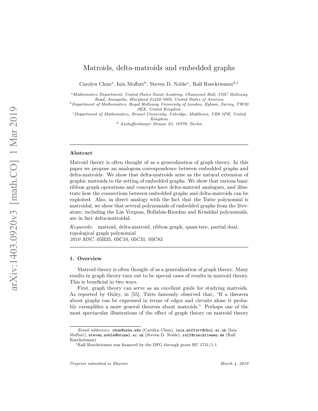 Arxiv:1403.0920V3 [Math.CO] 1 Mar 2019