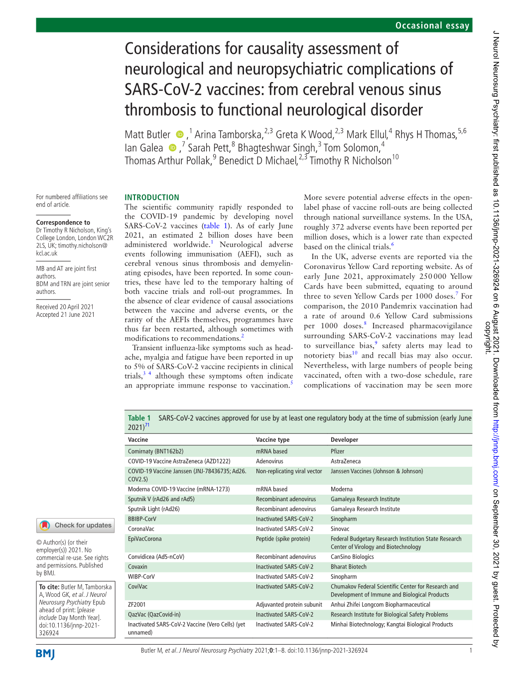 Considerations for Causality Assessment of Neurological And