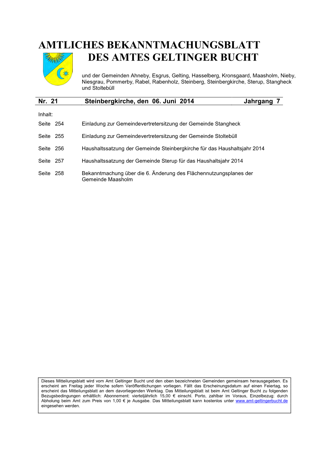 Amtliches Bekanntmachungsblatt Des Amtes Geltinger Bucht Nr. 21/2014 Vom 06.06.2014