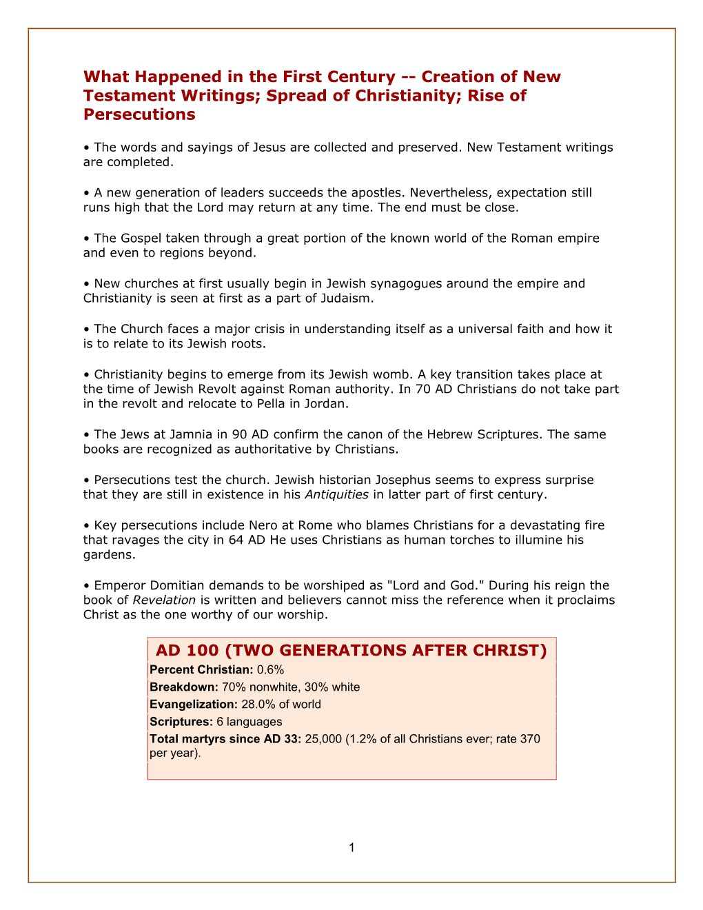 What Happened in the First Century -- Creation of New Testament Writings; Spread of Christianity; Rise of Persecutions
