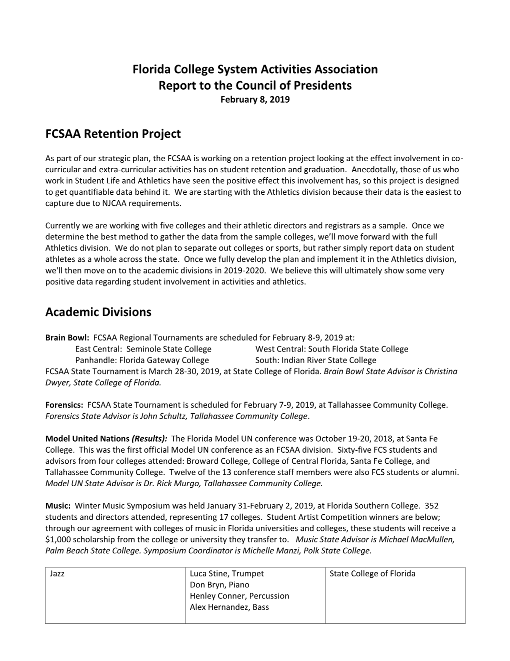 Florida College System Activities Association Report to the Council of Presidents February 8, 2019