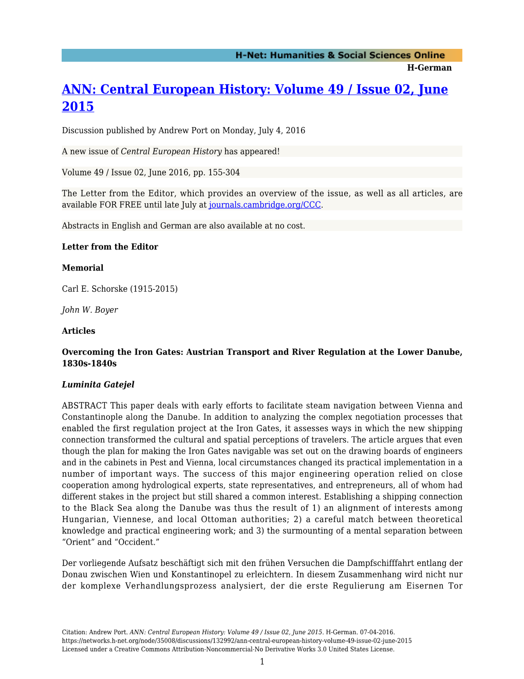 ANN: Central European History: Volume 49 / Issue 02, June 2015